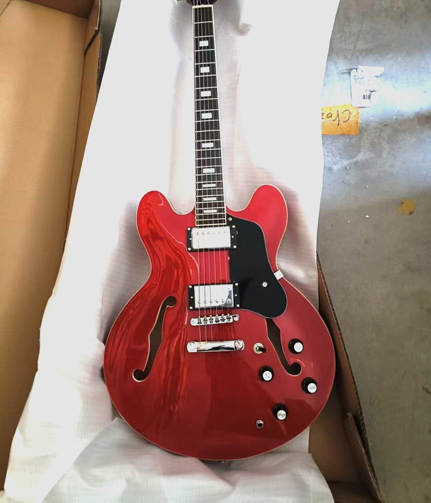 Semi Hollow Red 335 Electric Guitar with Scalloped Square Inlays