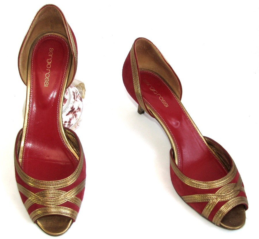 Sergio Rossi Red Leather Gold Bronze Open-Toe Heels Size 38.5 Very Good