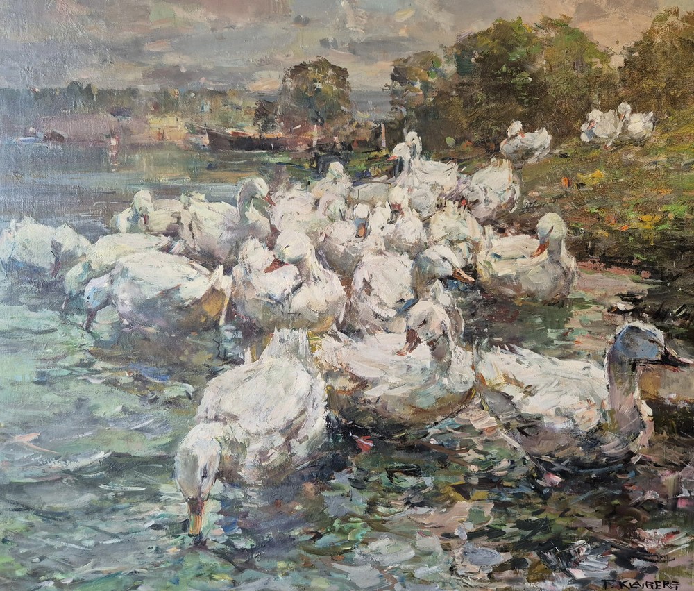 Fritz Klaiberg (1921-1998) oil painting group of ducks at the lake 74x84cm