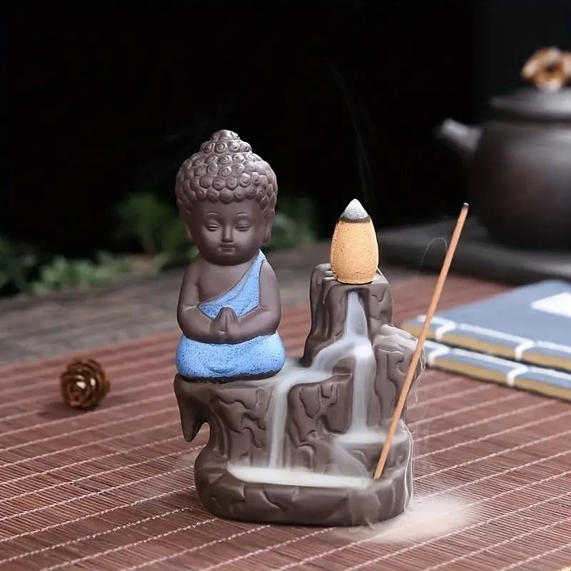 Meditating Monk Buddha Smoke Backflow Incense Holder Showpiece For Office Desk