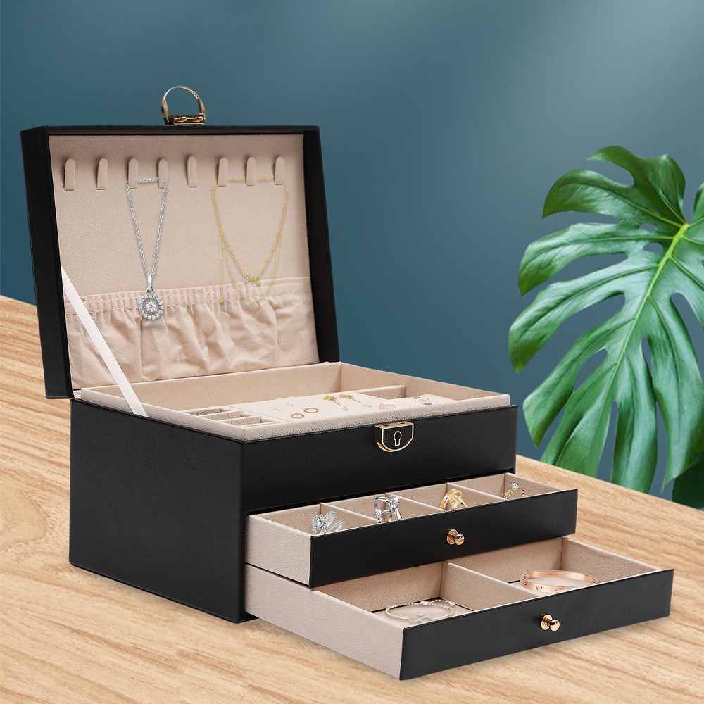3-Layer Lockable Jewelry Box Organizer with Velveteen Lining