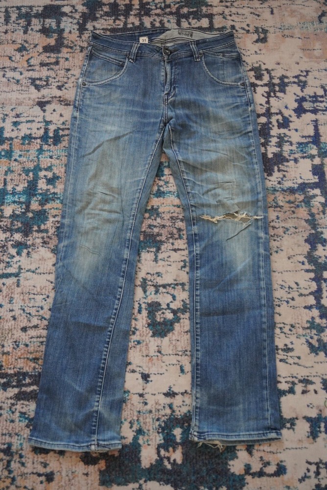 Volcom Vorta Jeans Slim Straight Leg Blue Men's Skater Zip Fly Distressed Jeans