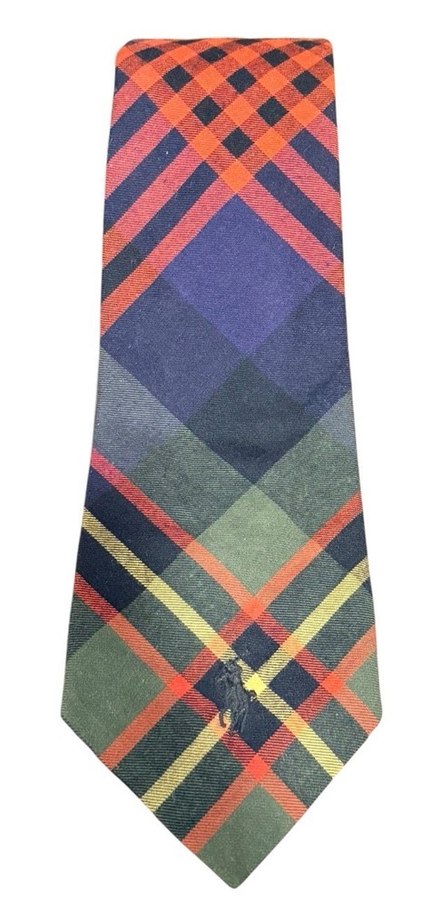 Polo Ralph Lauren Vintage Cotton Tartan Plaid Necktie Navy Green Orange Made USA