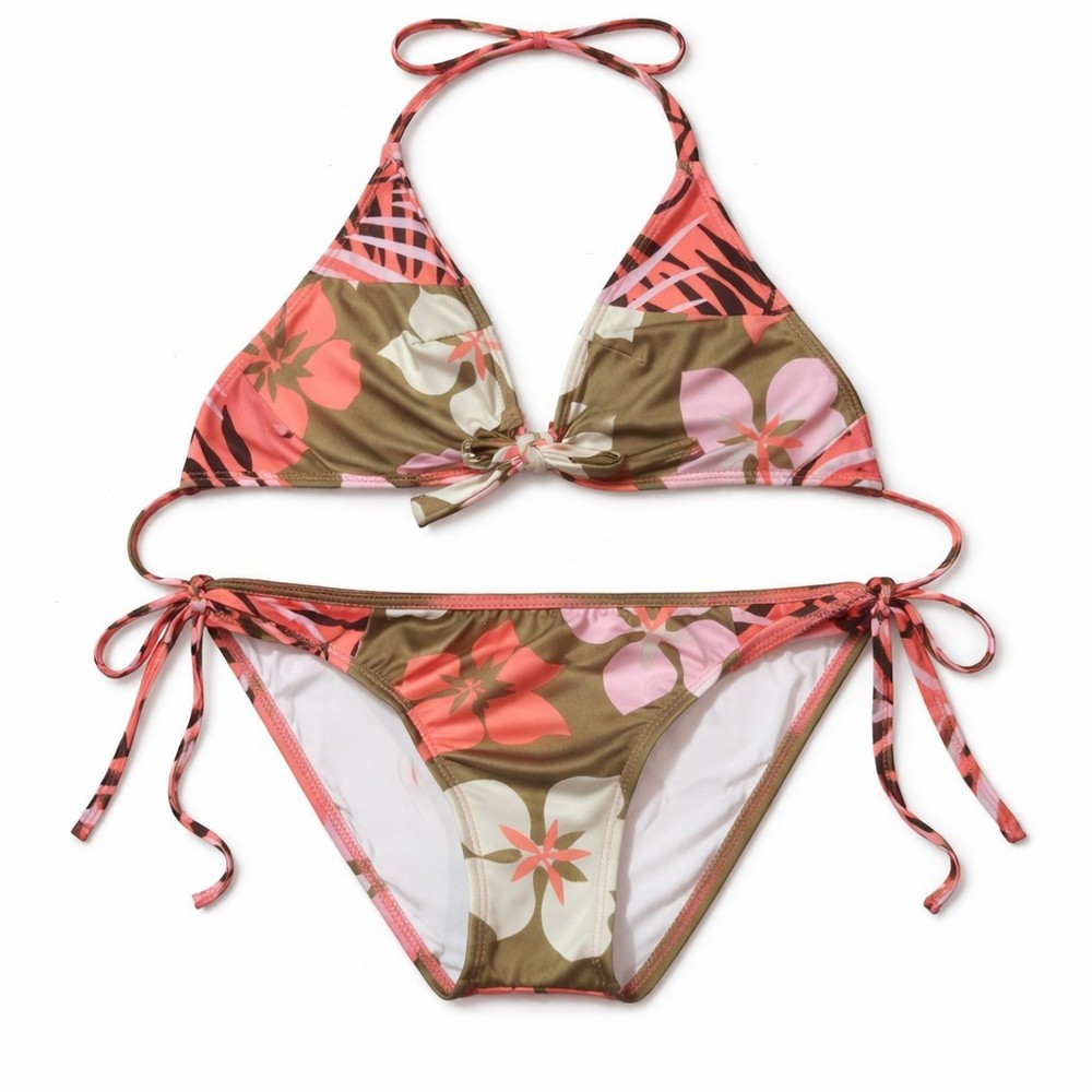 Vintage Guess Bikini Set Green W Pink Hibiscus Floral Pattern XS