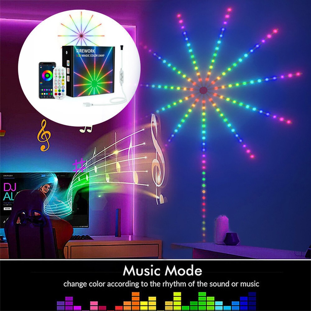RGB LED Firework Strip Lights with Music Sync Smart App & Remote Control