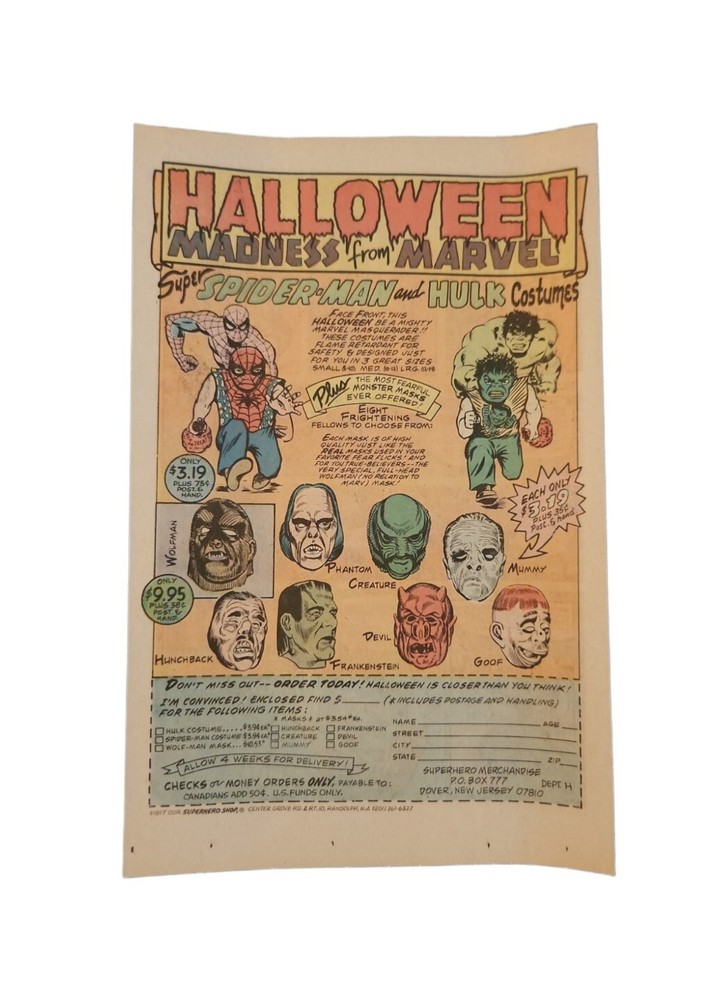 PRINT AD Vintage 1976 MARVEL HALLOWEEN COSTUMES Hulk Spider-man Frankenstein