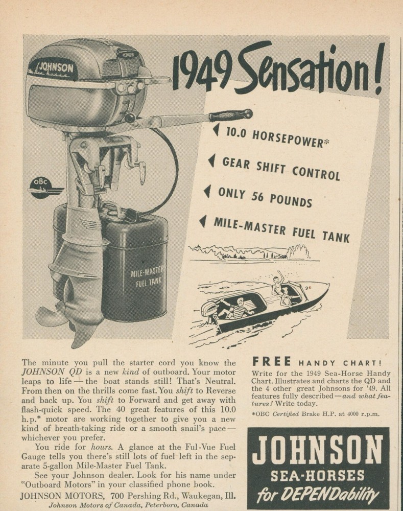 1949 Johnson QD Sea Horse Outboard Motor Fuel Tank 10 HP Vintage Print Ad OR2