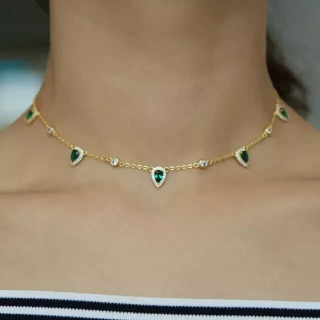 14K Gold Plated Lab-Created Emerald Choker Necklace with 16 Inch Chain