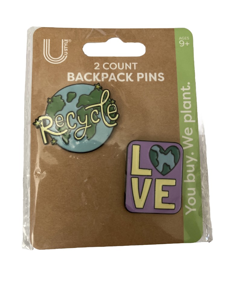 Two Count Backpack Pins “Recycle” & “Love” By U Style Ages 9+ 2023