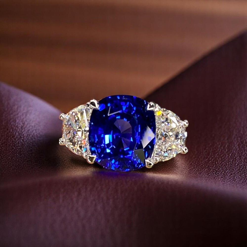 6 Ct Cushion Lab Created Blue Sapphire Diamond Engagement Ring 18K White Gold
