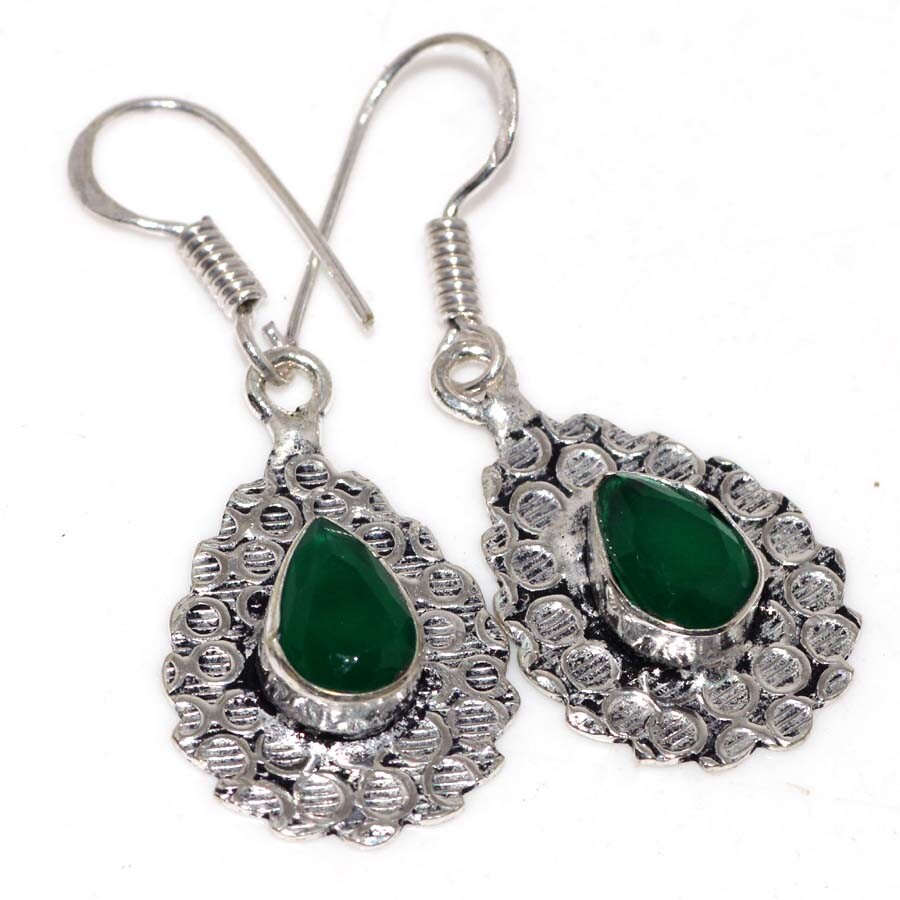 Green Onyx 925 Silver Plated Gemstone Handmade Earrings 1.6