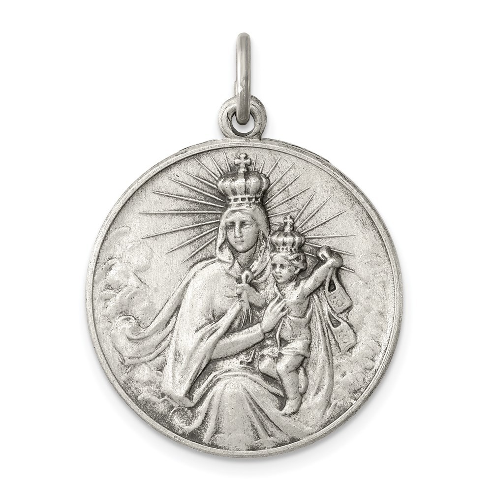 Sterling Silver Antiqued Our Lady of the Holy Scapular Medal Pendant L-0.95 Inch