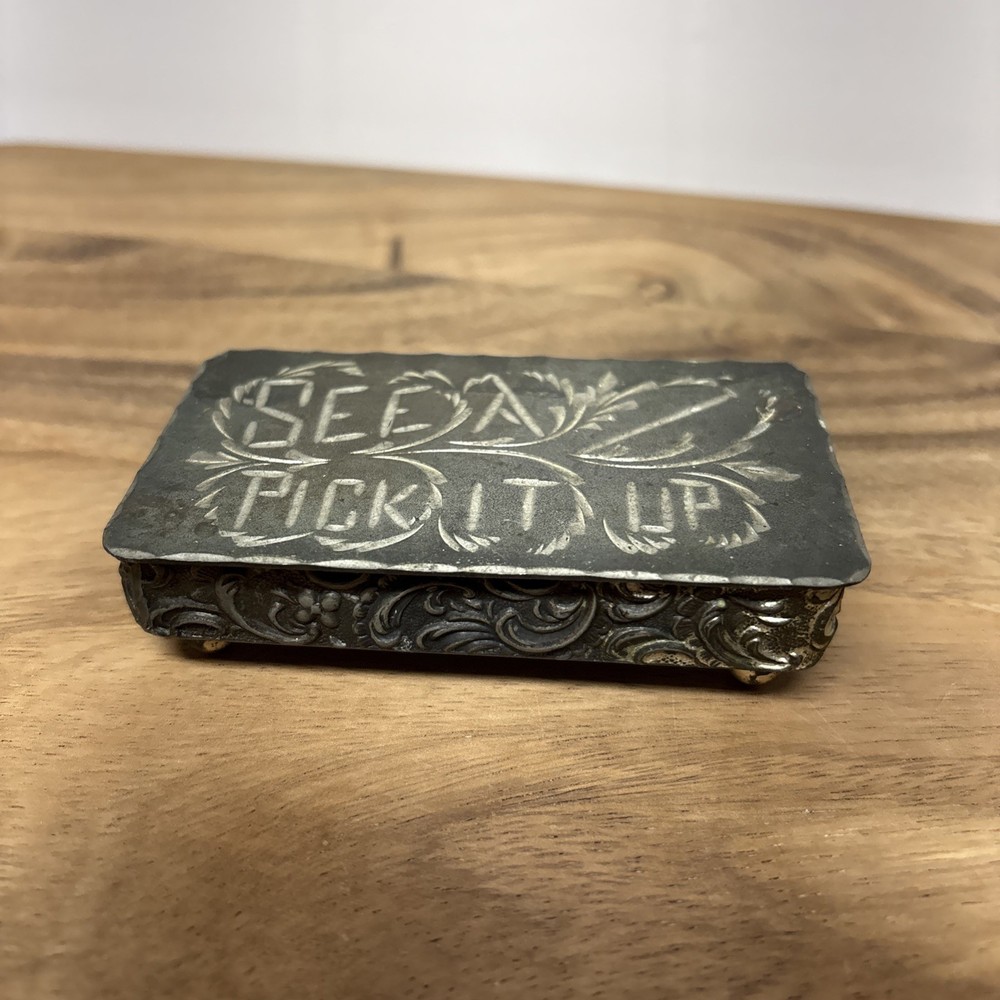 Antique Victorian Silverplate Footed Pin Trinket Box Hand Engraved Edwardian