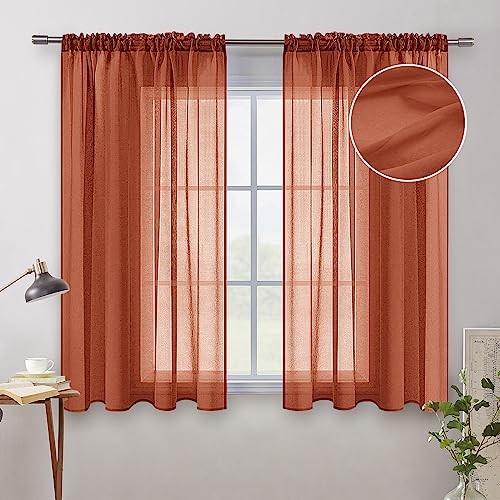 Terracotta Linen Textured Sheer Curtains 2 Panels for Kitchen/Bedroom/Living
