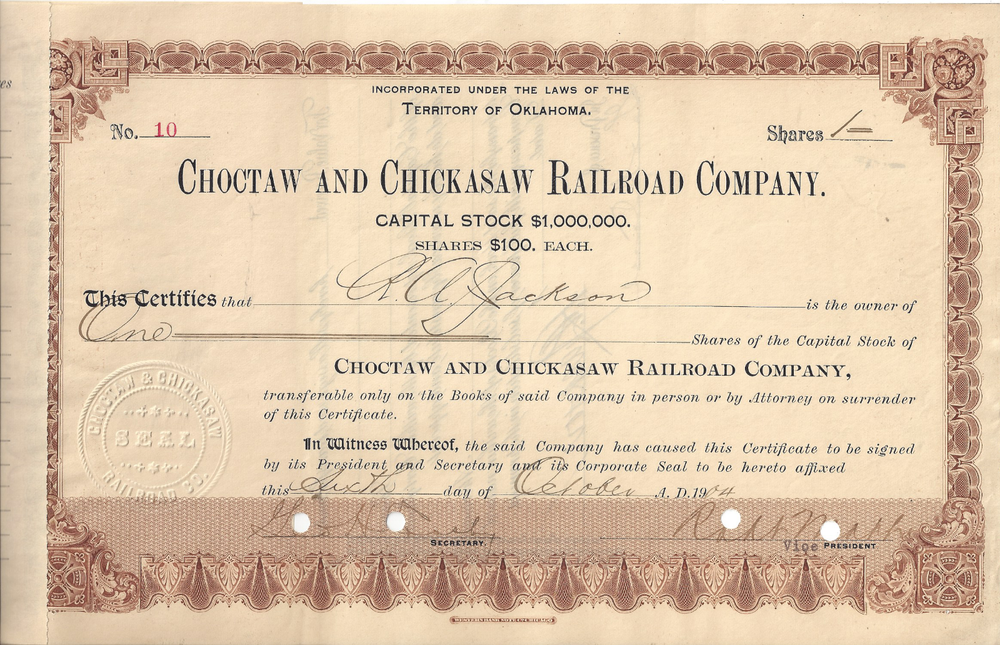STK-Choctaw & Chickasaw RR #10 1904 Oklahoma Territory CRI&P Railroad