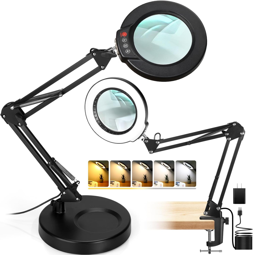10X Magnifying Glass with Light and Stand, 2-In-1 Desk Lamp & Clamp Light,  5 Co
