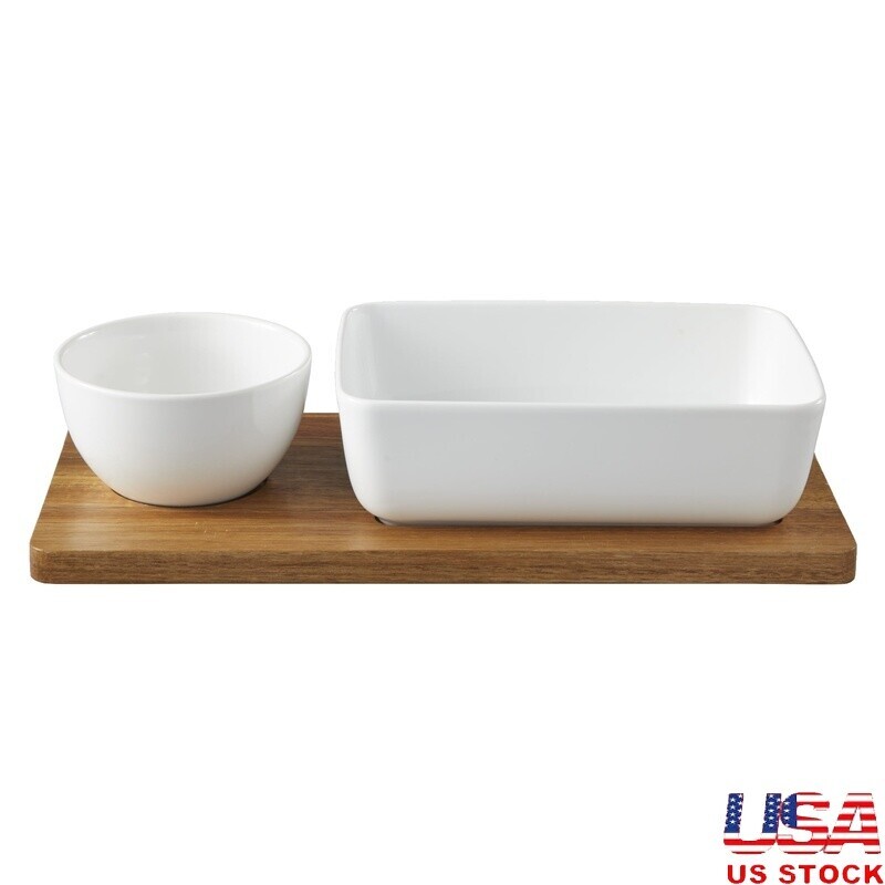 Ceramic Chip Dip Bowl Set with Acacia Wood Tray for Snacks and Party Appetizers
