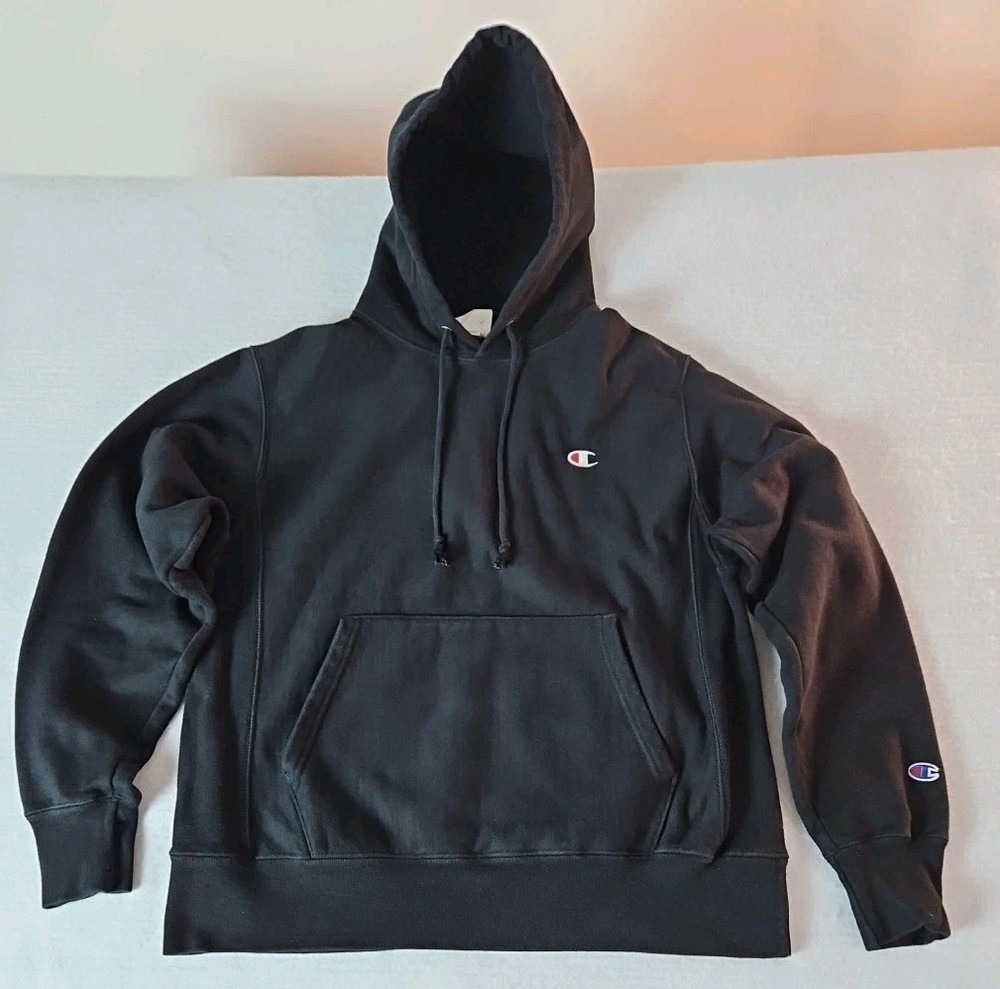 Champion Reverse Weave Black Hoodie Heavyweight Front Pouch Men's Size Medium