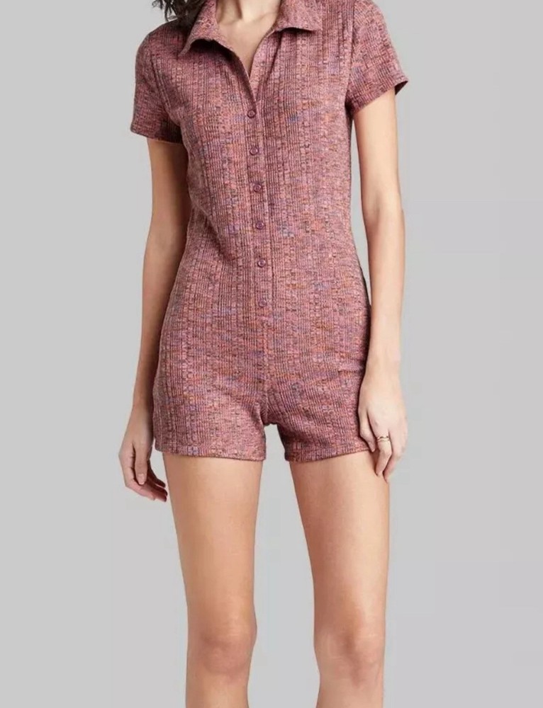 Women's Short Sleeve Button-Front Romper - Wild Fable - Pink Spacedye Size L