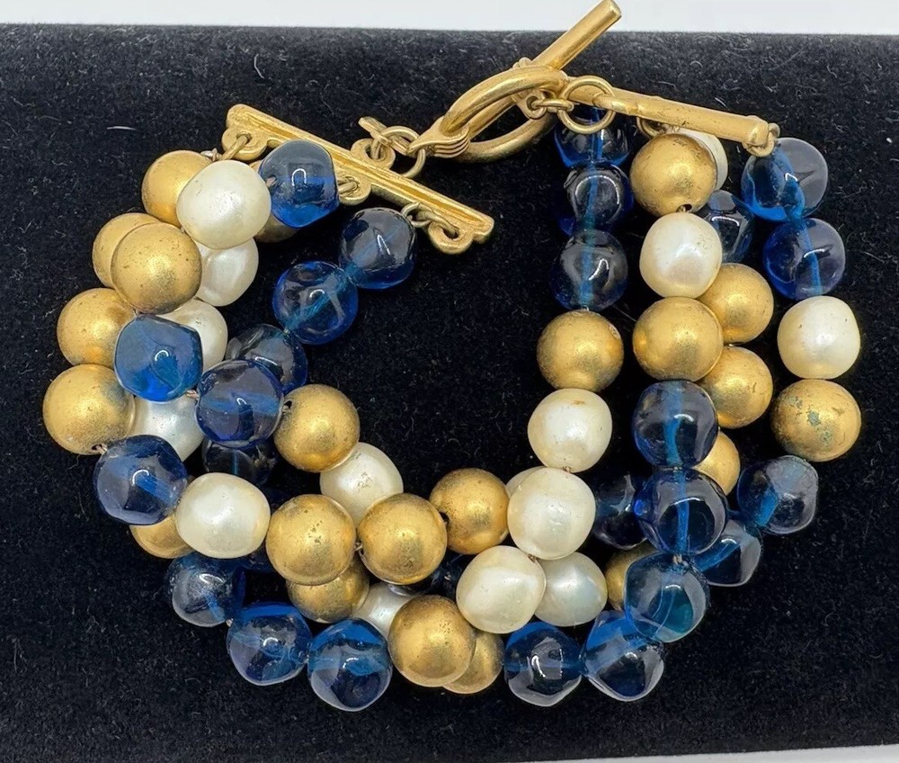 Vintage ANNE KLEIN Brushed Matte Gold Tone Blue Glass Faux Pearls Bead Bracelet