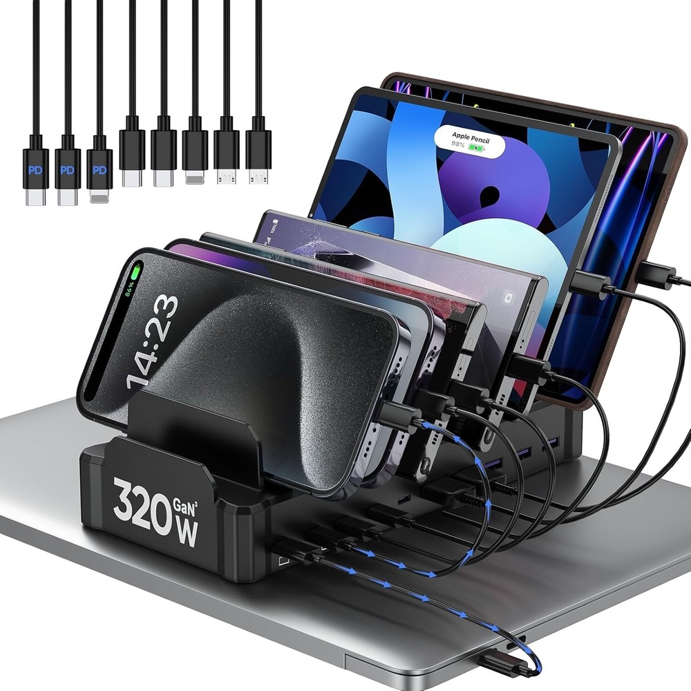 10-Port Multi-Device Charging Station 320W Fast Charger for Home Office  