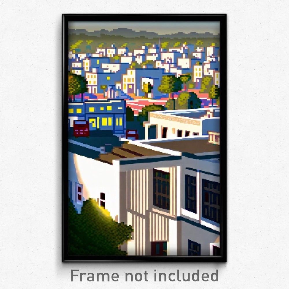 8 Bit Pixel Art Poster - White American Town Psychedelic Video Game Print