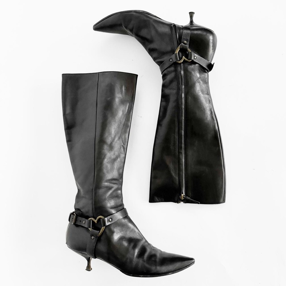 Moschino Brown Leather Heart Buckle Kitten Heel Boots Size 7-7.5