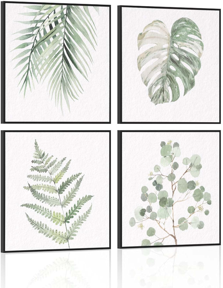 Framed Botanical Plant Wall Art: Sage Green Leaves Bathroom Pictures Decor Set o