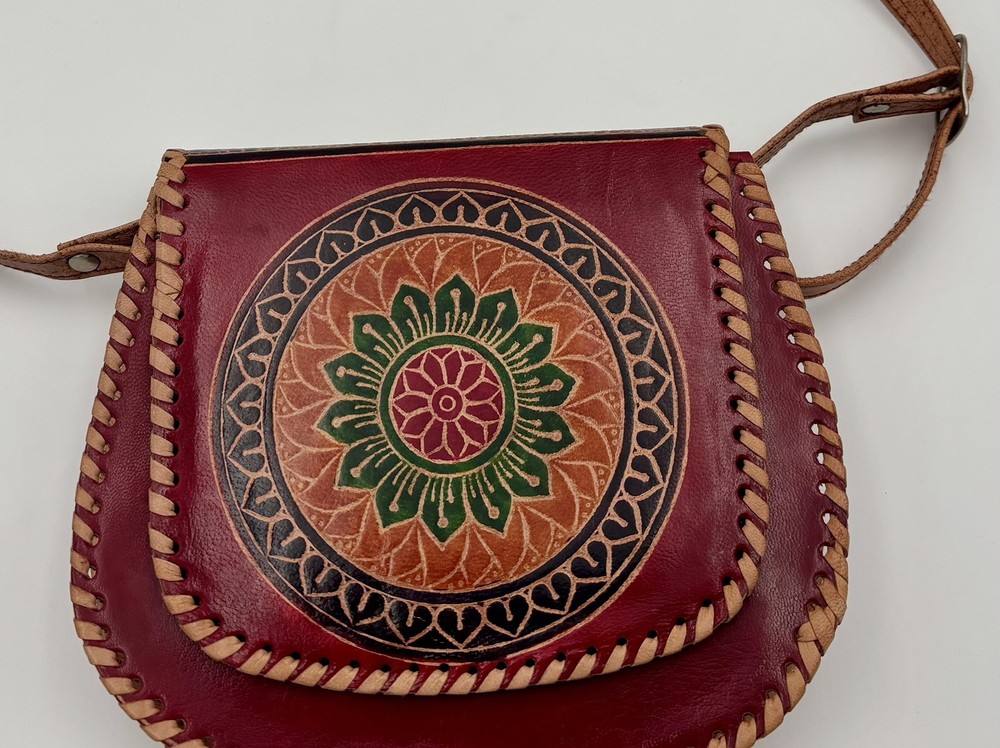 Handmade Hand-tooled, Hand Painted Leather Crossbody Bag Mandala Or Mexican Styl