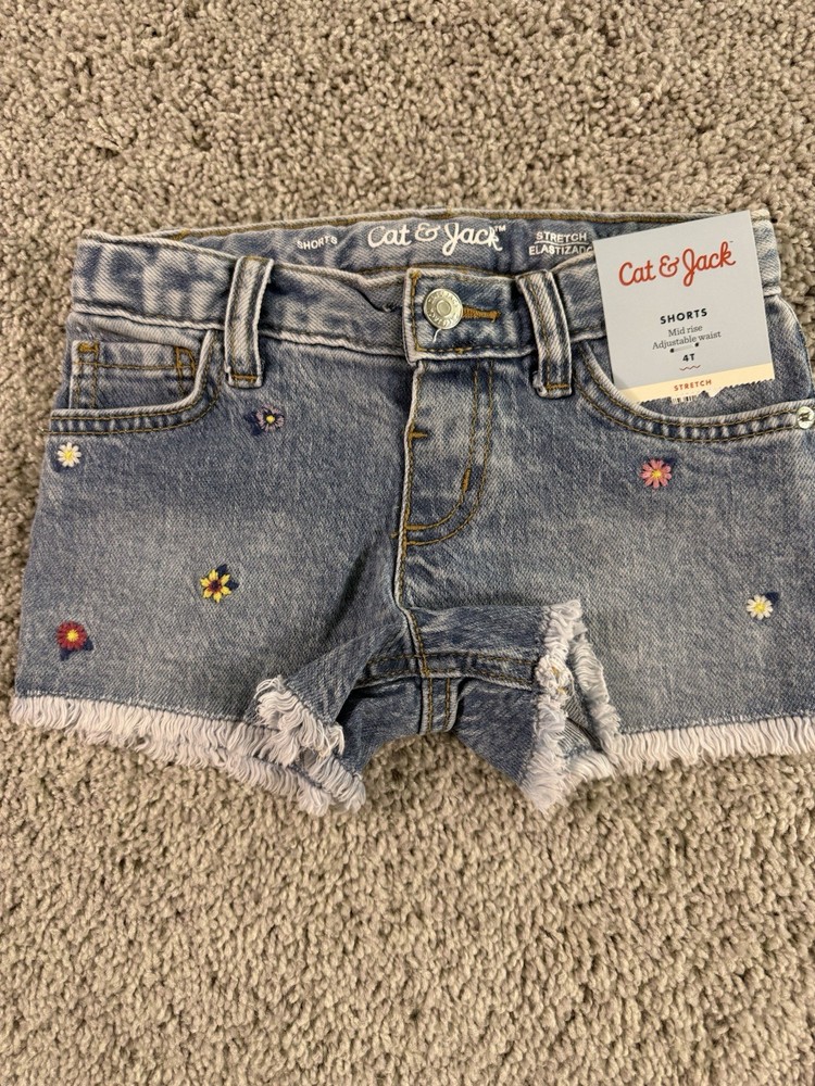 Cat & Jack Jean Shorts Denim 4T Embroidered Flowers Mid Rise Adj Waist New
