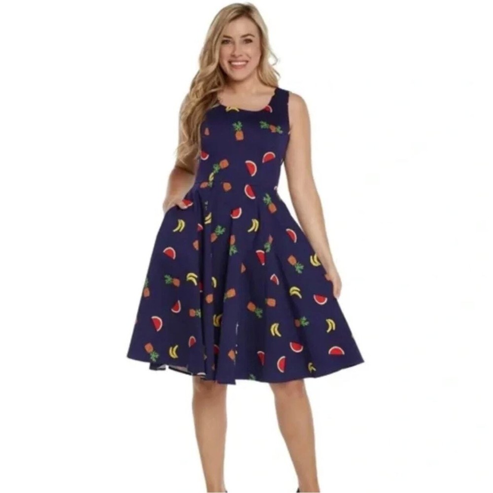 Eva Rose V-Neck Sleeveless Fit & Flare Mixed Fruit Print dress, pinup dress，L