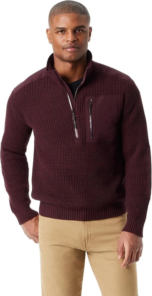 Bass Outdoor Men's Quarter-Zip Long Sleeve Pullover Patch Sweater, Fudge, S