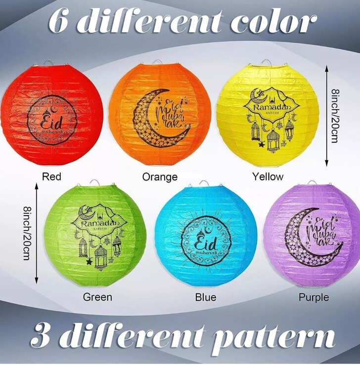 Eid Mubarak 8 Inch Paper Lanterns Decorations, Colorful Round Lantern...