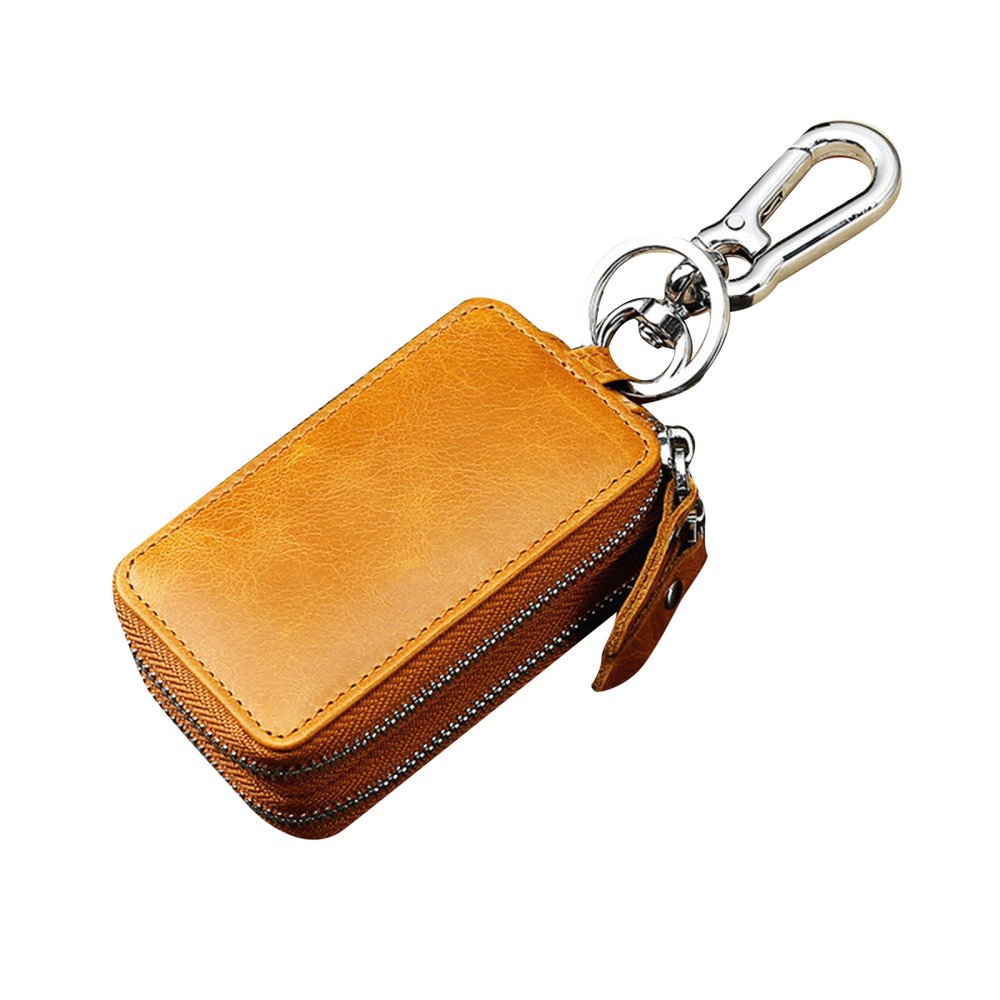 Double Layer Genuine Leather Car Key Holder with Zipper Pouch-image