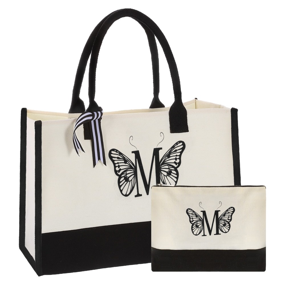 Initial M Canvas Tote Bag with Makeup Bag, Reusable Beach Tote Bag