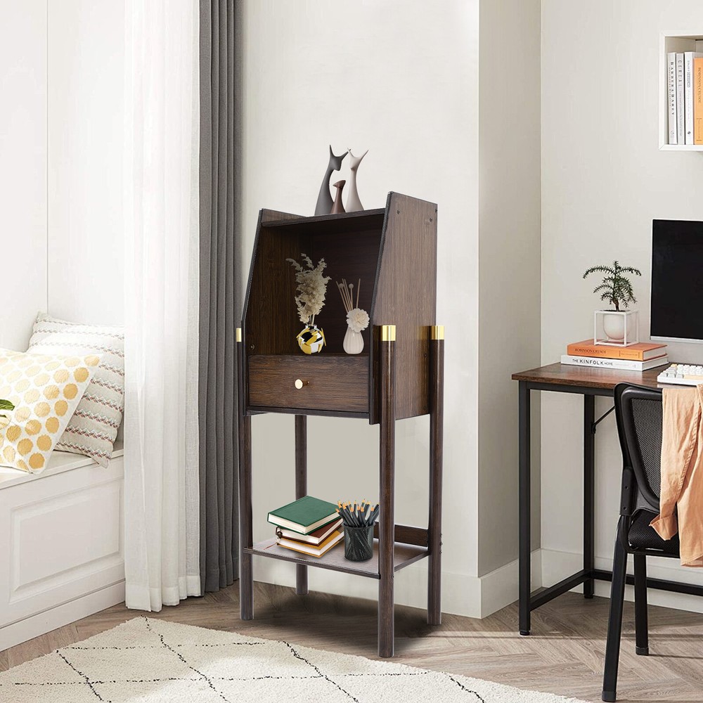 3-Tier Bamboo Bookshelf with Drawer Freestanding Storage 60kg Capacity