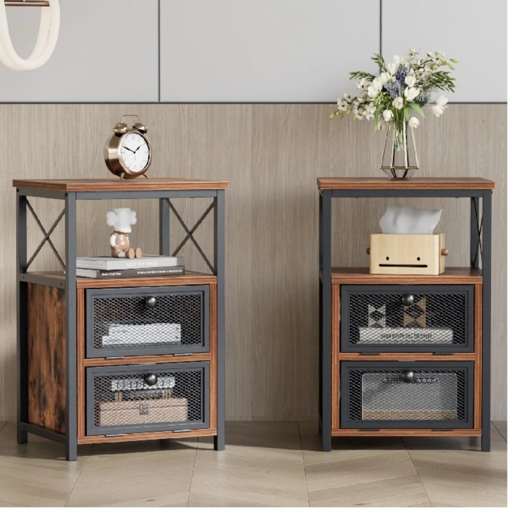 Nightstand Set of 2, End Table with Flip Drawer, Modern Night Stand for Bedro...