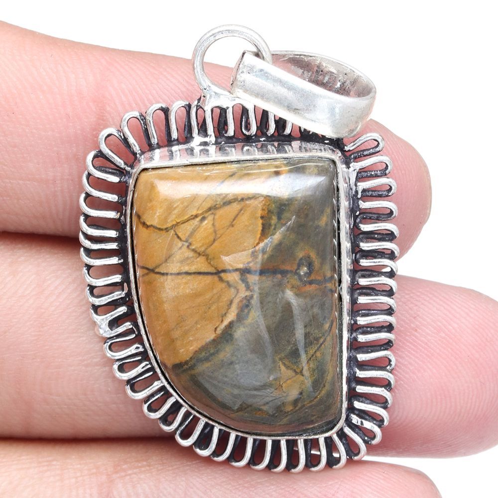 Handmade Jasper Gemstone Silver Pendant for Mother's Day 1.75 Inch Newlite Jewelry