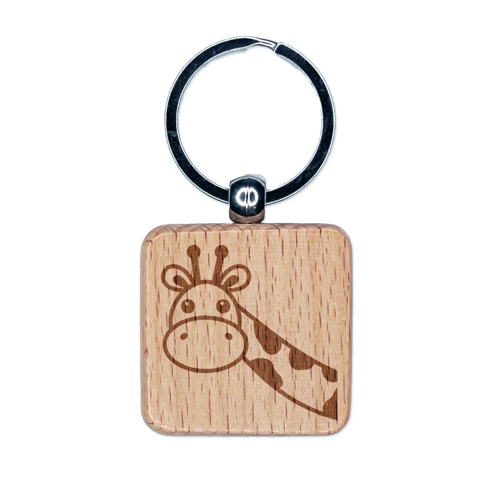 Giraffe Engraved Wooden Square Keychain Charm with Peeking Design  