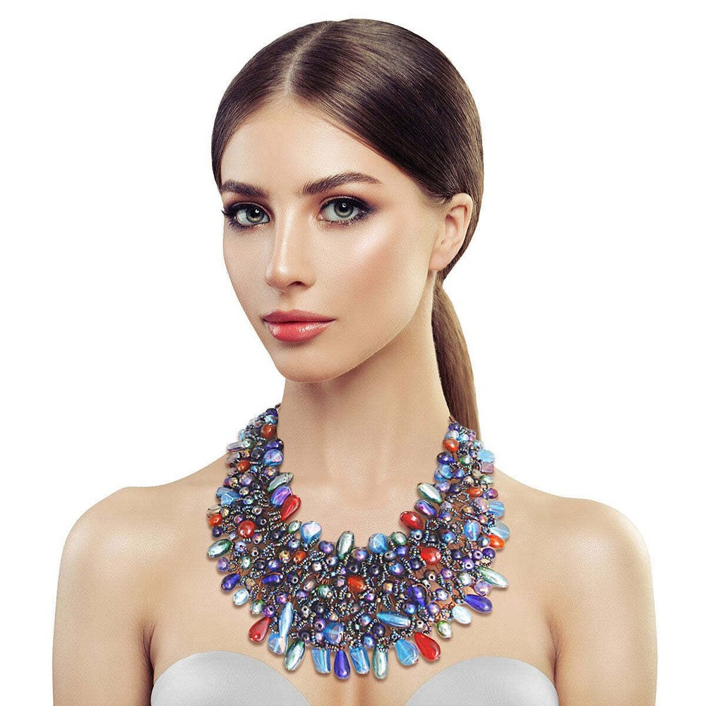 Blue Beaded Copper Bib Statement Necklace