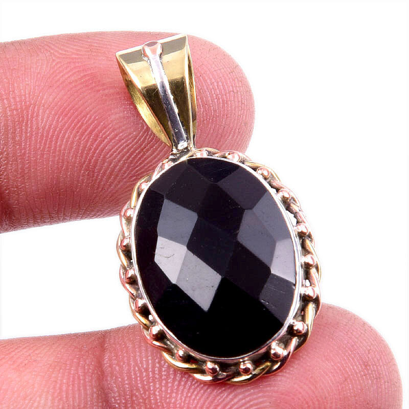 Natural Black Onyx Gemstone 925 Sterling Silver Two-Tone Pendant 1.25 Inch