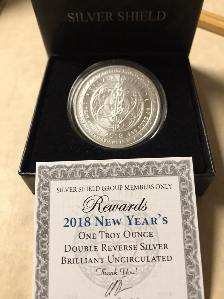 SILVER SHIELD 2018 REWARDS NEW YEARS 1 OZ bu 23/100 .999 FINE SILVER-image