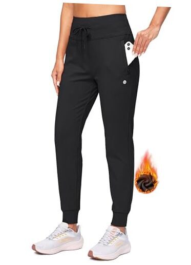 Women's Fleece Lined Joggers High Waisted Water Resistant Thermal Small Black