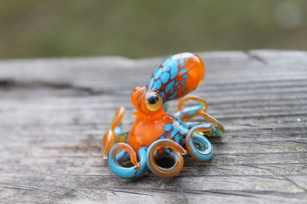 Colorful Blown Glass Orange and Blue Octopus Figurine  