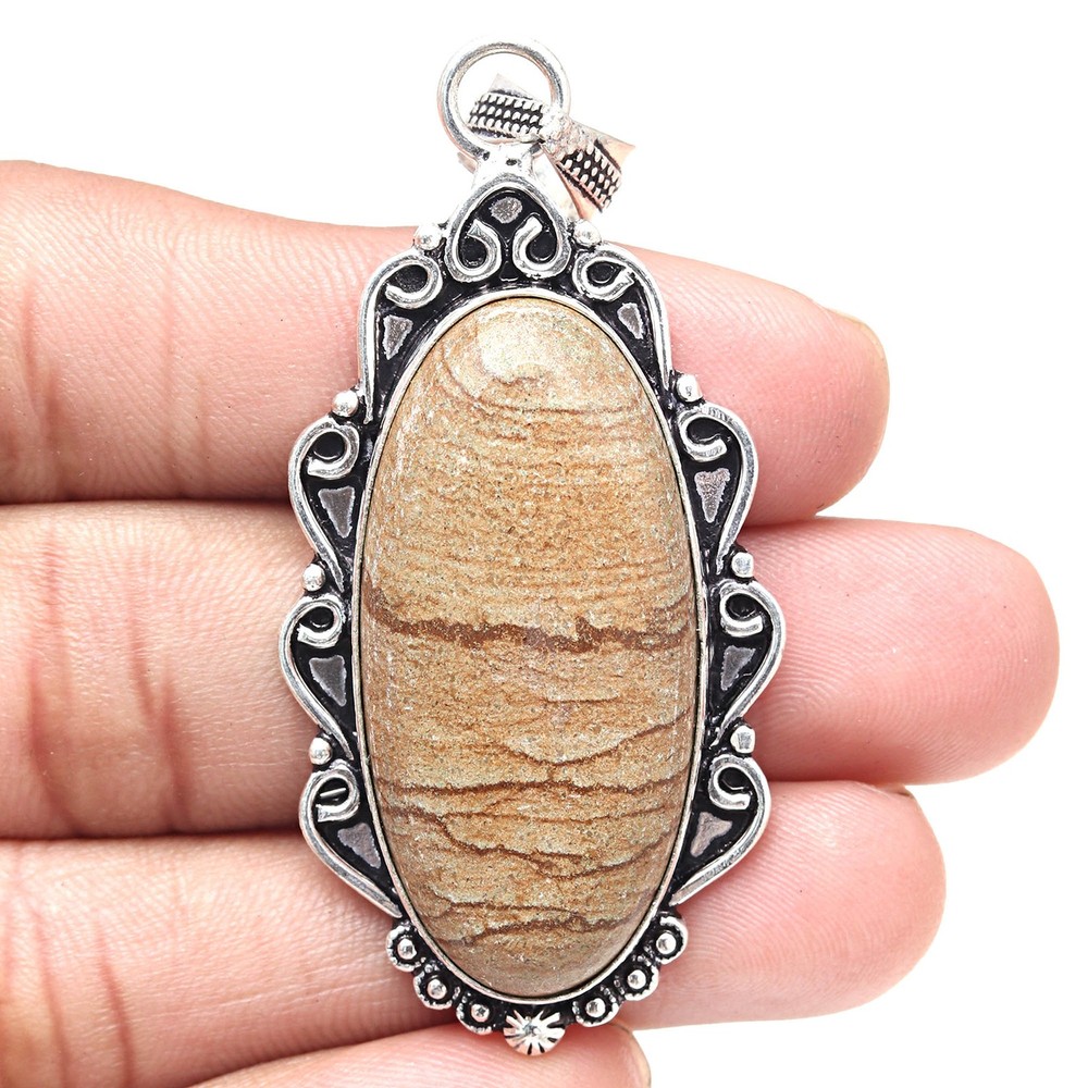 Valentines Day Silver Jewelry Pendant with Picture Jasper Gemstone 2.75 Inch-image