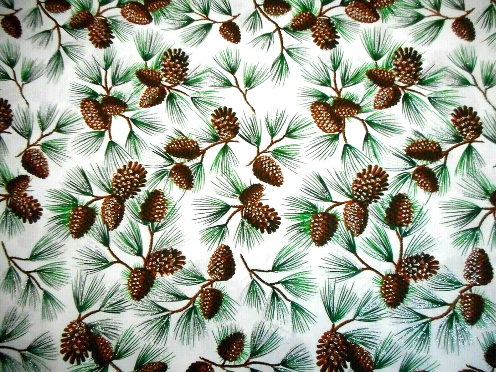 Christmas Fabric 1 3/4 Yard Pinecones Pine Metallic on White Premium Cotton #23