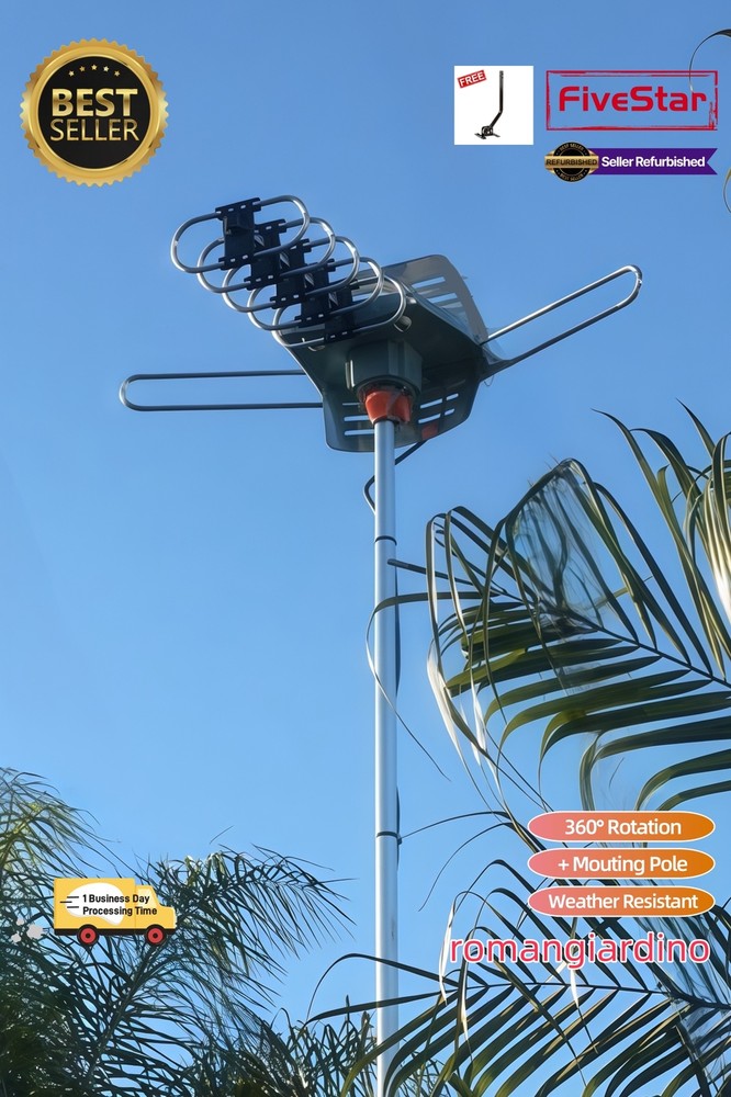 Hot Sale 200 Mile Outdoor HDTV Antenna w Pole Motorized 4K 360 Rotation