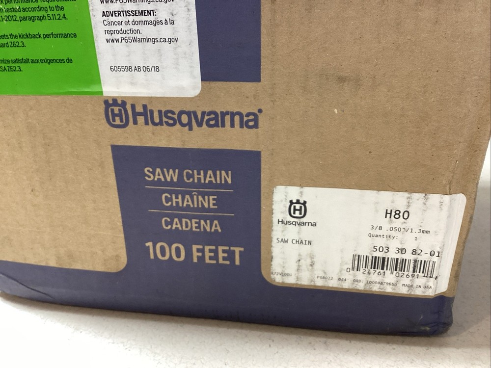 Husqvarna H80 72V SAW CHAIN 3/8” Pitch .050 1.3mm 100 Foot Length Roll 503308201