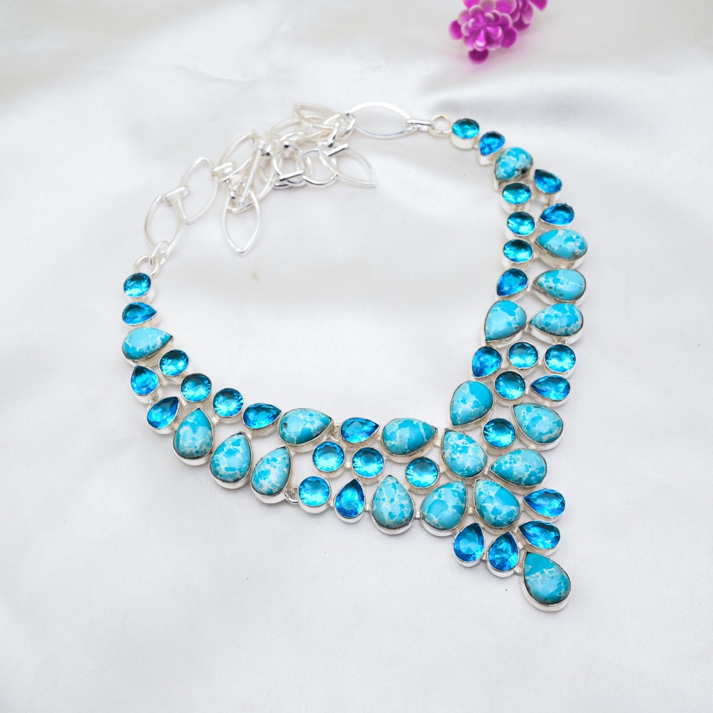 Turquoise and Blue Topaz Gemstone Necklace in Handmade 925 Sterling Silver Jewelry Gift