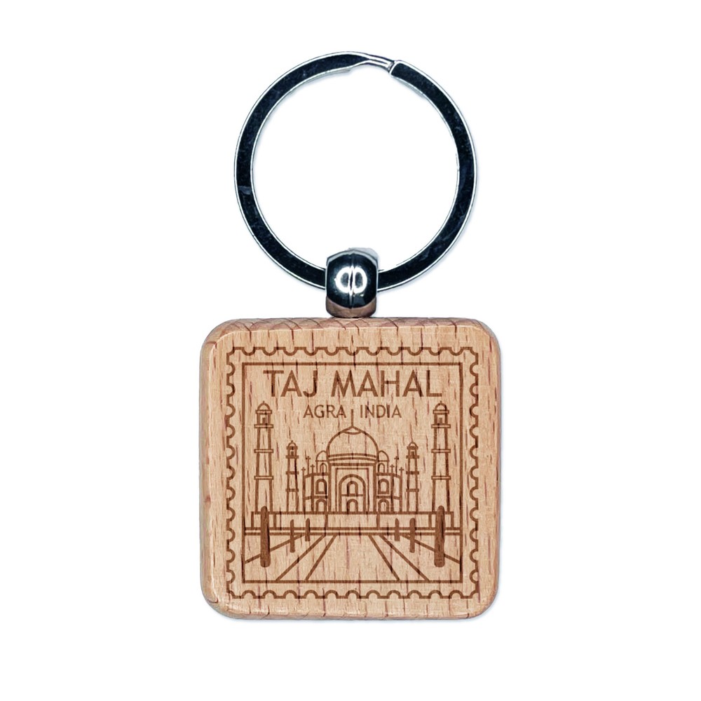 Taj Mahal Agra India Destination Travel Engraved Wood Square Keychain Tag Charm